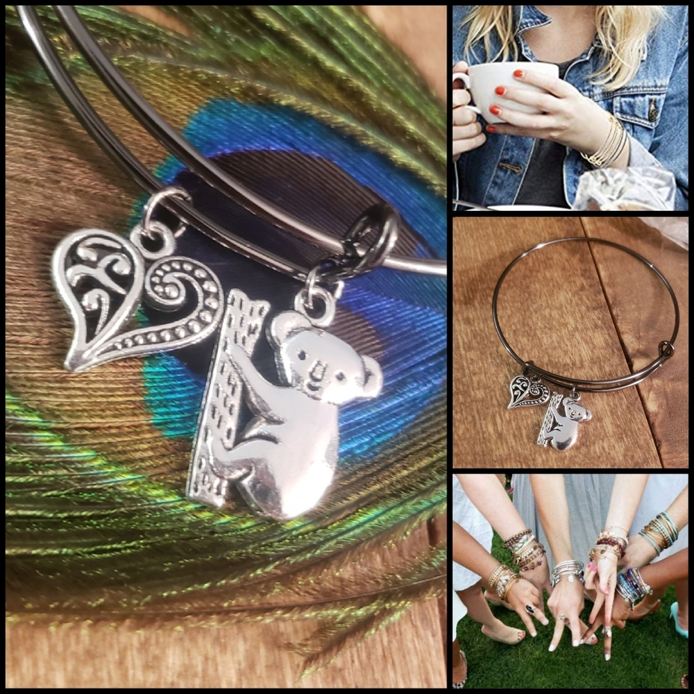 Koala BEAR & Heart Stainless Steel Bangle Bracelet Charm Bracelet Animal Lover